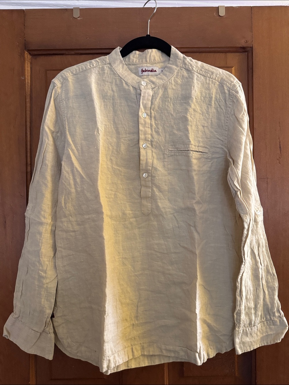 fabindia Cream/yellow Linen Band-Collar Casual Shirt